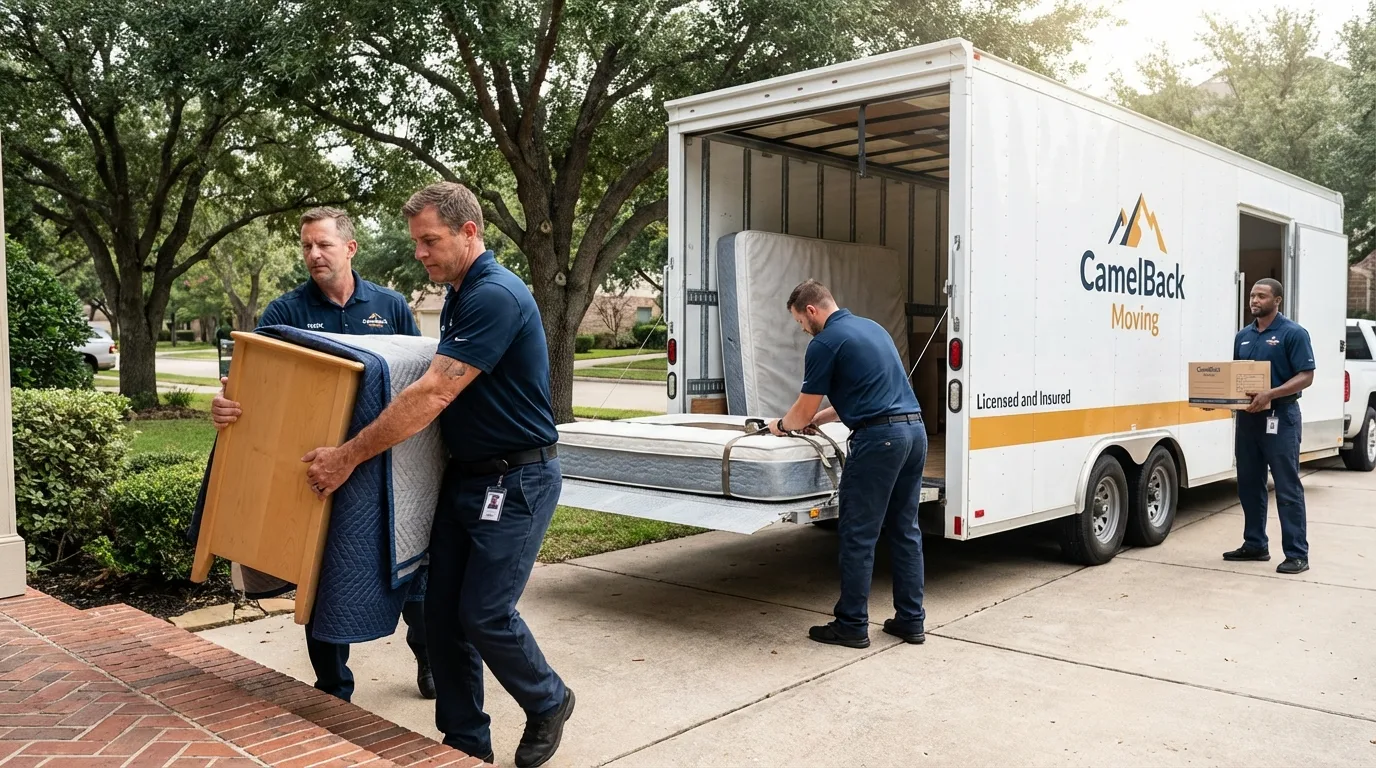 Crew loading residential truck for cross-state move from Brighton, IL