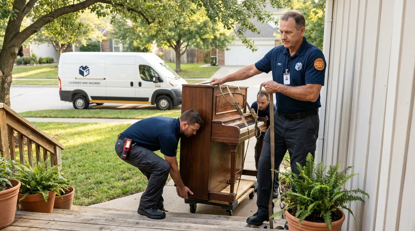 Licensed piano movers securing grand piano in Brighton, IL