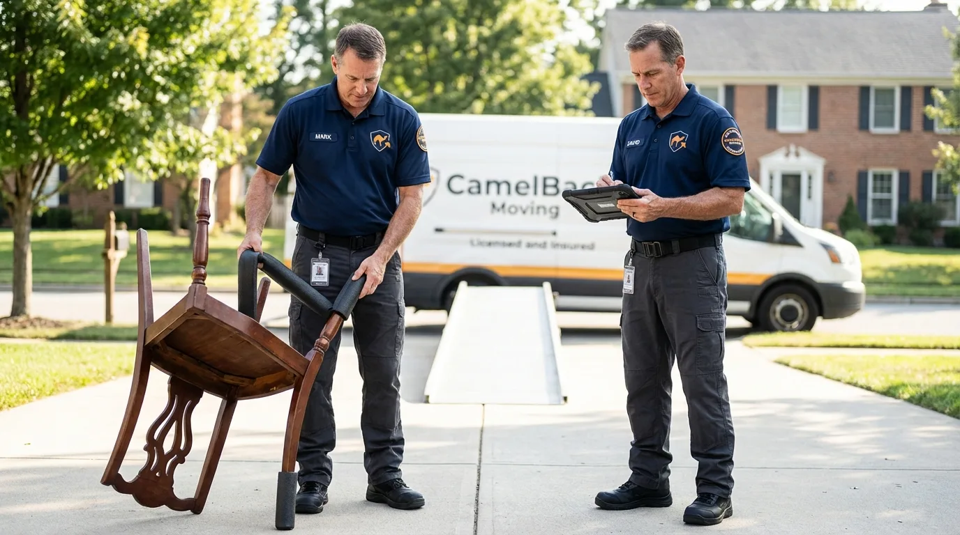 Movers inspecting furniture for damage prevention before loading in Brighton, IL