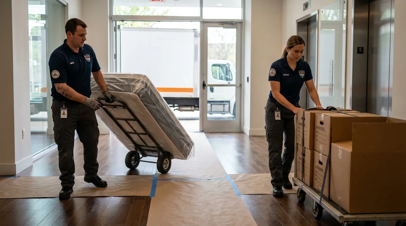 Professional apartment movers loading elevator in Brighton, IL
